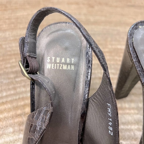 STUART WIETZMAN 9.5 Autumn Brown Peep Toe Crocodile Platform Ankle Strap Heels - Picture 7 of 8